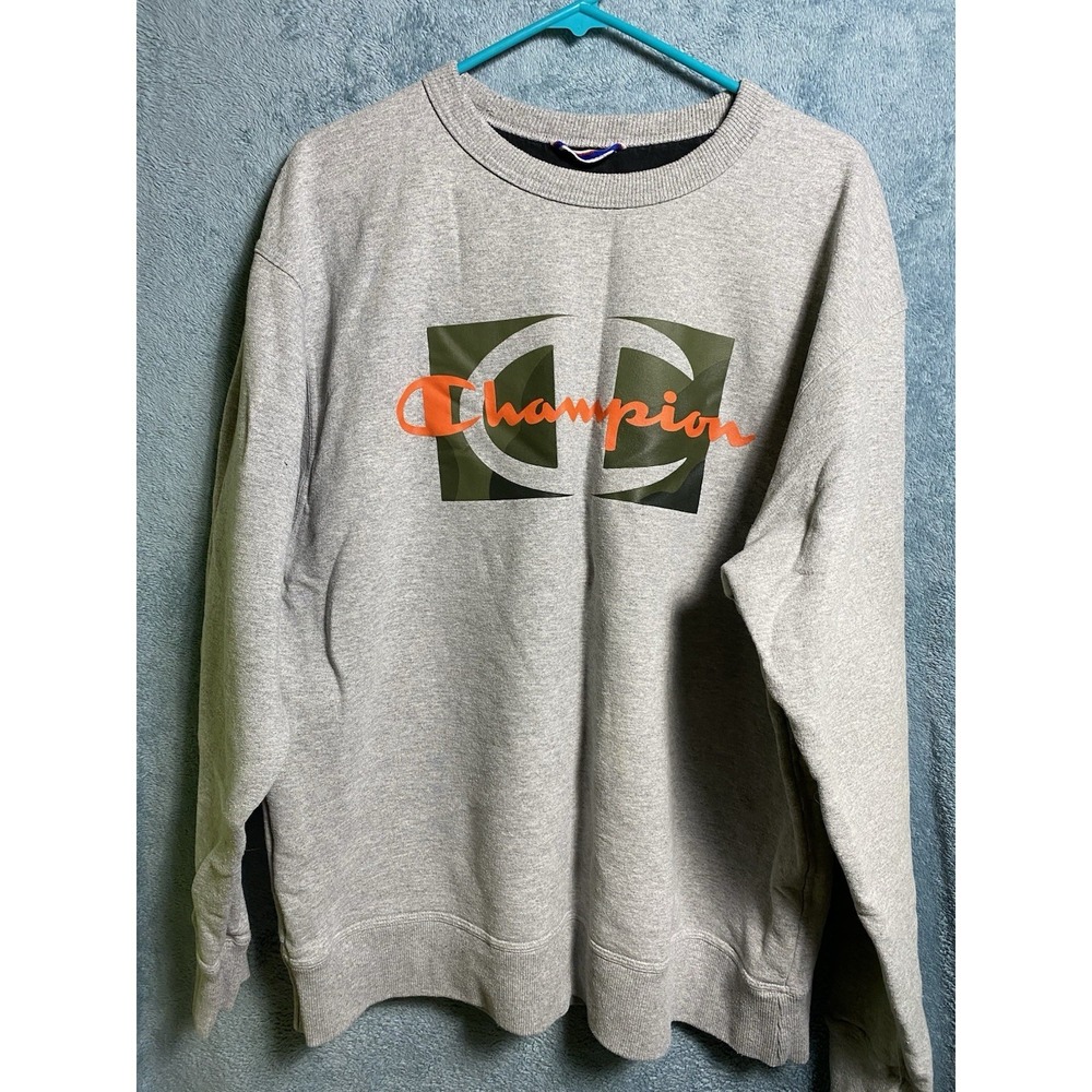Champion Mens XL Gray Camo Orange Logo Graphic Crewneck‎ Sweatshirt AW966H